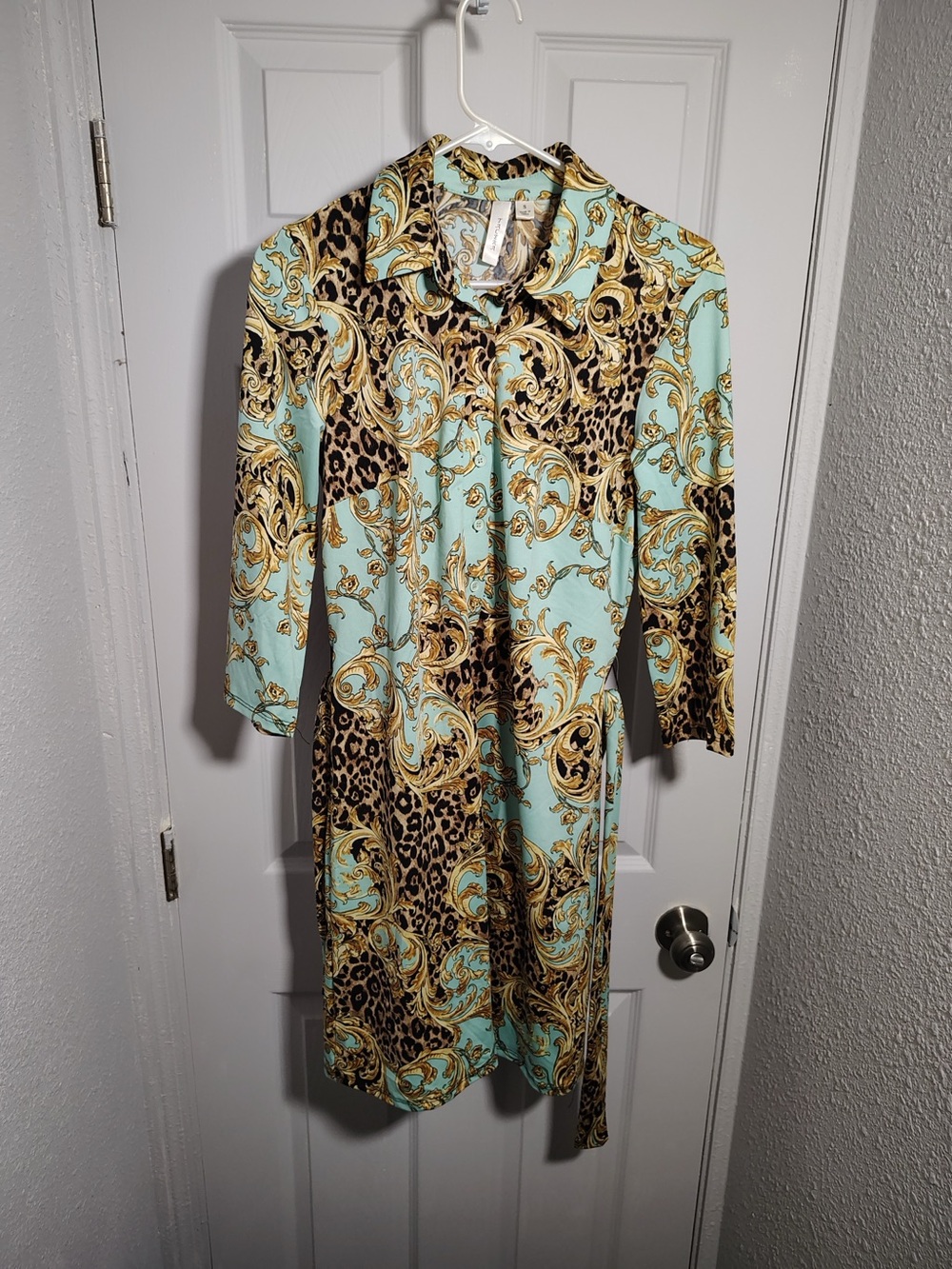 Tacera Aqua Baroque & Leopard Print Shirt Dress